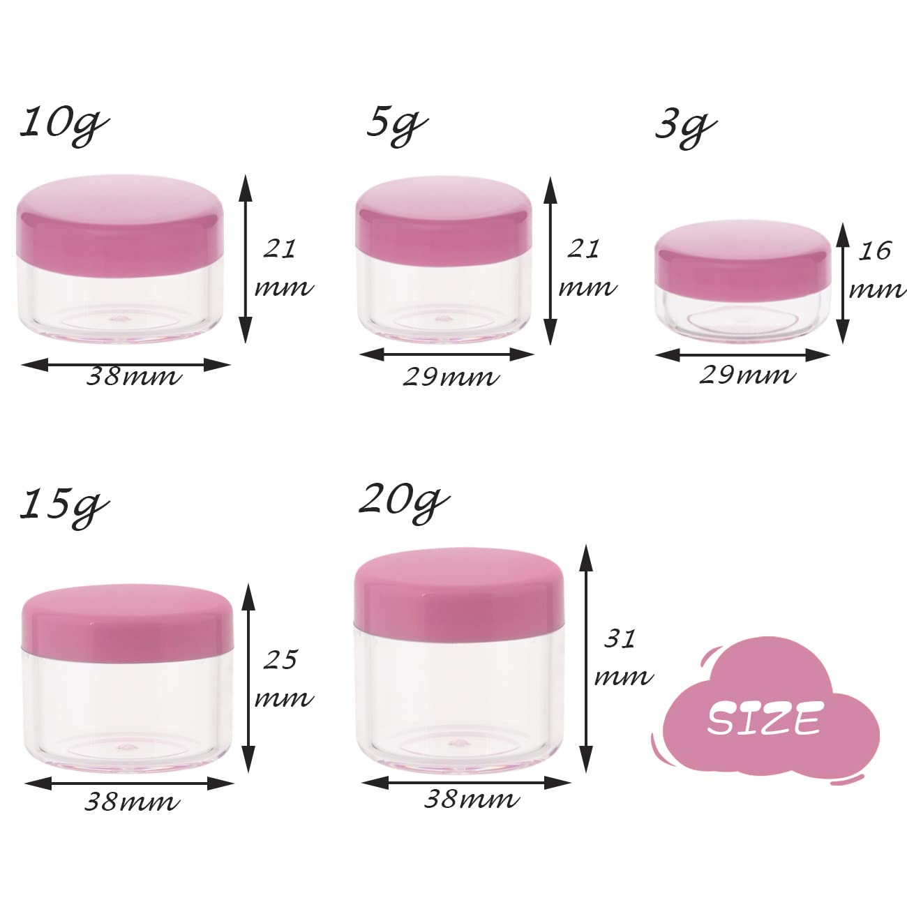 Zejia 10Pcs Small Travel Containers, Pink Sample Containers With Screw Lids, 5 Size 3/5/10/15/20 Gram Sample Jars With 12Pcs Lab